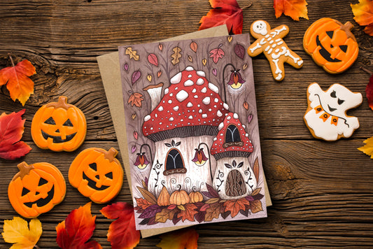 Toadstool Cottage Greetings Card & Envelope - Whimsical Autumn Mushroom House Card - Falling Leaves Halloween Pumpkin Patch Cottagecore Card