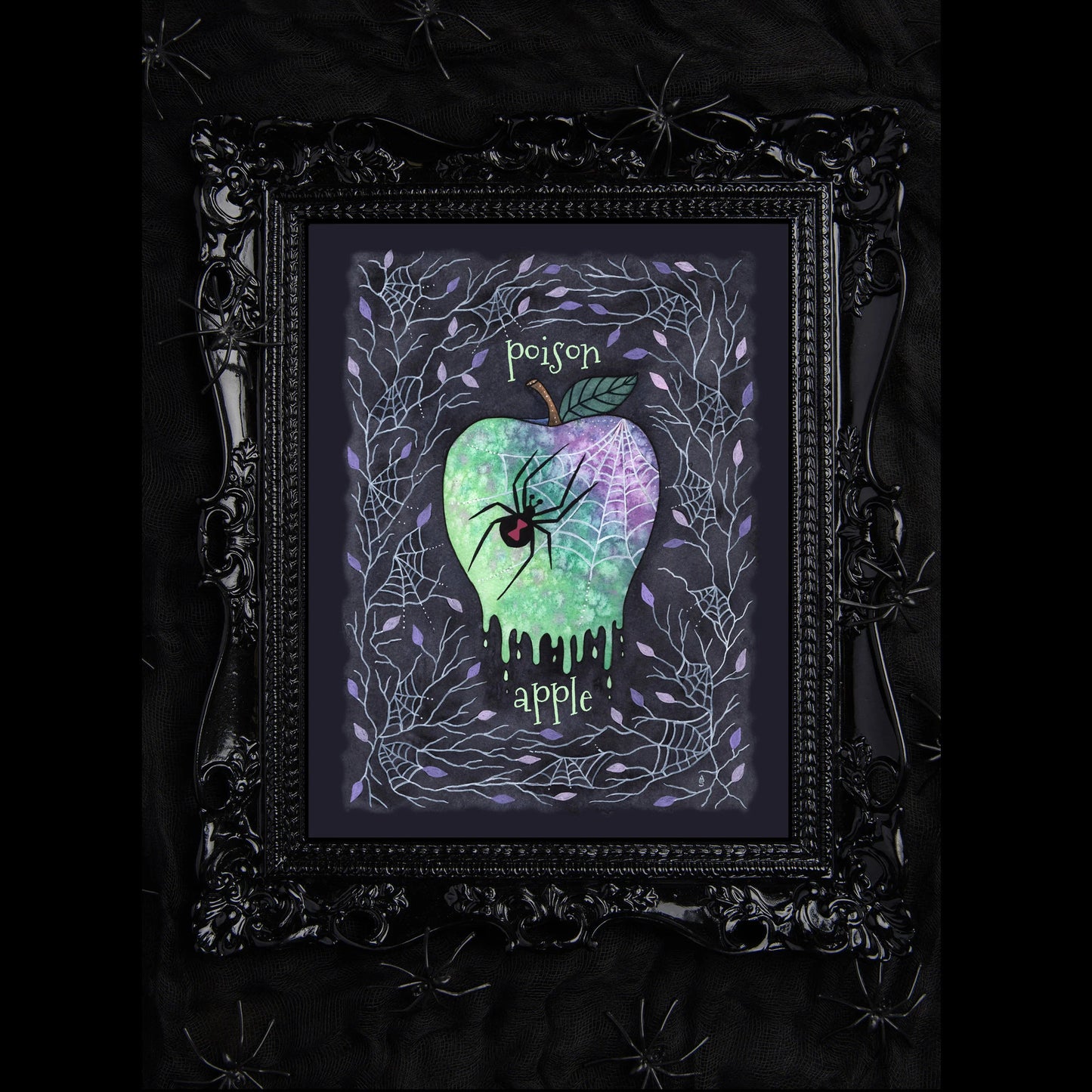 Poison Apple Print - A5 - A4 - A3 Poisonous Spider Apple Illustration Print - Spooky Creepy Black Widow Cobweb Halloween Fruit Decoration