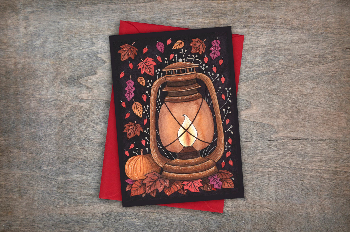 Winter's Flame Greetings Card & Envelope - Rustic Vintage Oil Lantern Illustrated Card - Red Orange Cosy Autumn Winter New Years Lamp Card