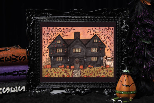 The Witch House Print - Halloween Witch A5 - A4 - A3 Watercolour Art - Autumn Leaves Pumpkin Jack-O-Lantern Decoration - Salem Samhain Art