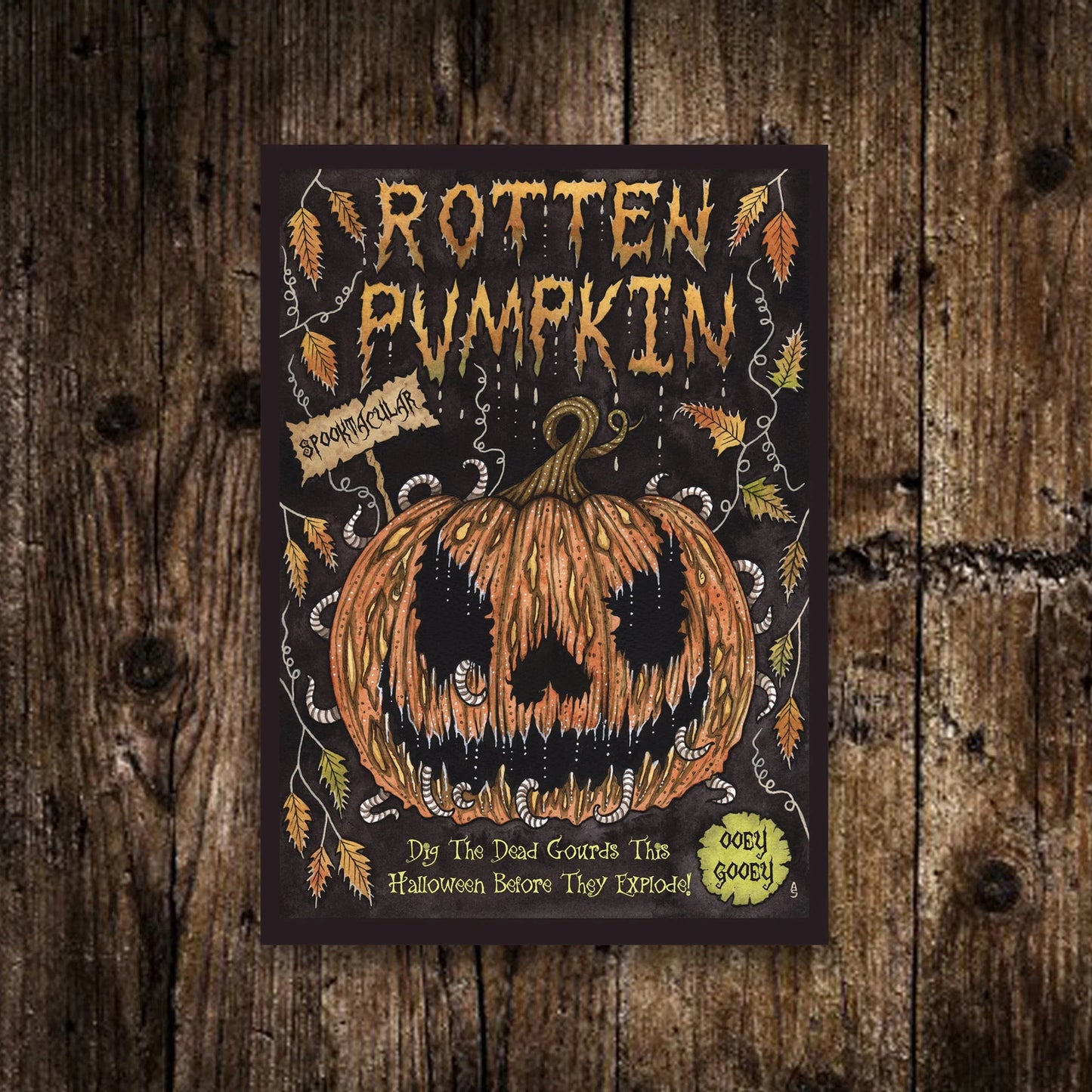 Mini Rotten Pumpkin Print - Small A6 Spooky Halloween Jack O Lantern Illustration - Mini Horror Grunge Dark Pumpkin Patch Postcard Art