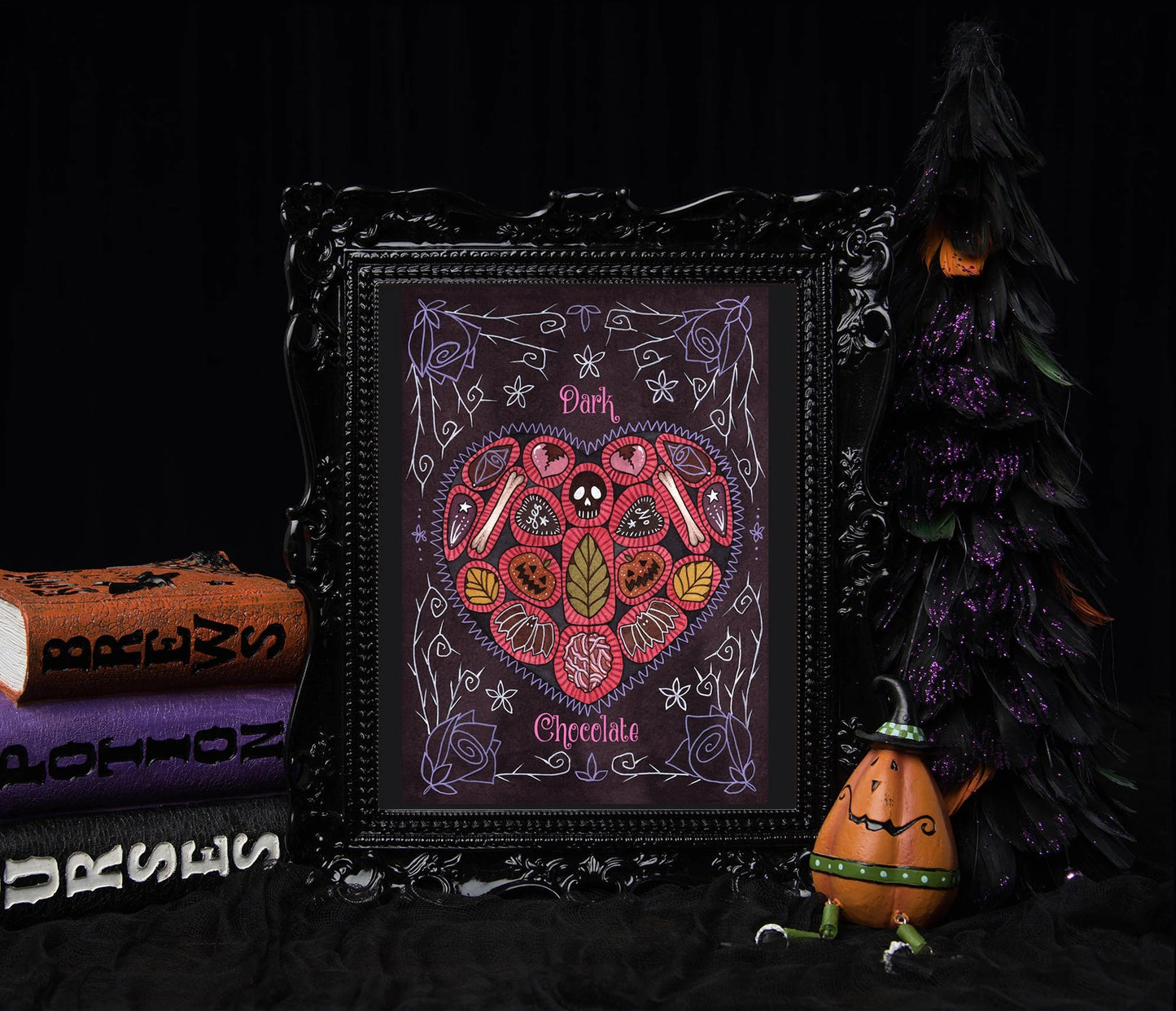 Dark Chocolate Illustration Print - Watercolour Gothic Spooky Chocolate Box A5 - A4 - A3 Wall Art - Halloween Valentines Candy Decoration