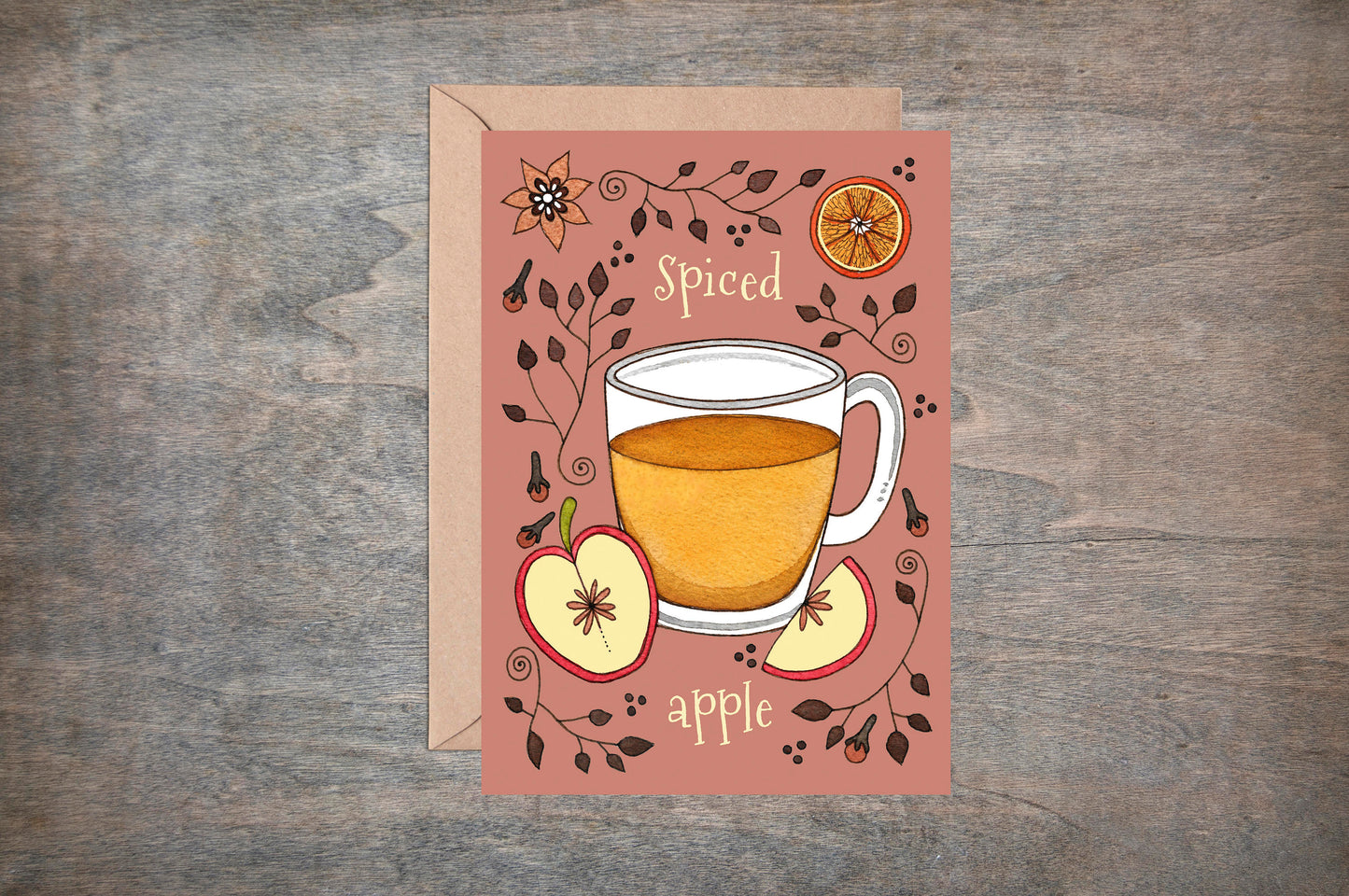 Spiced Apple Greetings Card & Envelope - Whimsical Cosy Hot Mulled Apple Cider Winter Christmas Card - Coffee Shop Cup Cafe Hot Drinks Card