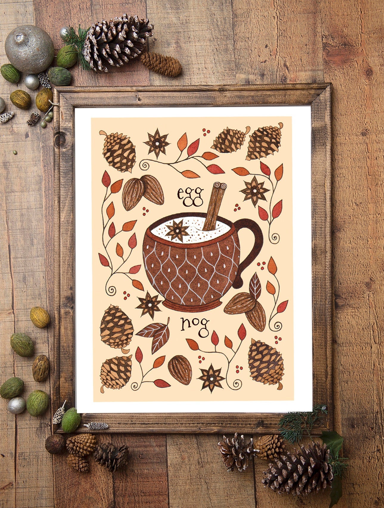 Eggnog Print - A5 - A4 - A3 Cosy Festive Egg Drink Illustration Print - Cream Brown Neutral Winter Spice Christmas Whimsical Decor Wall Art