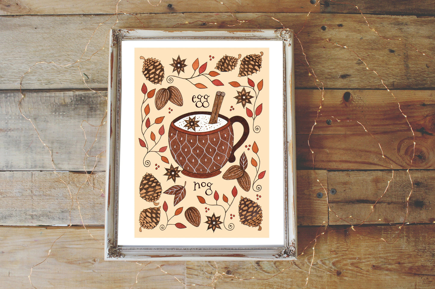 Eggnog Print - A5 - A4 - A3 Cosy Festive Egg Drink Illustration Print - Cream Brown Neutral Winter Spice Christmas Whimsical Decor Wall Art