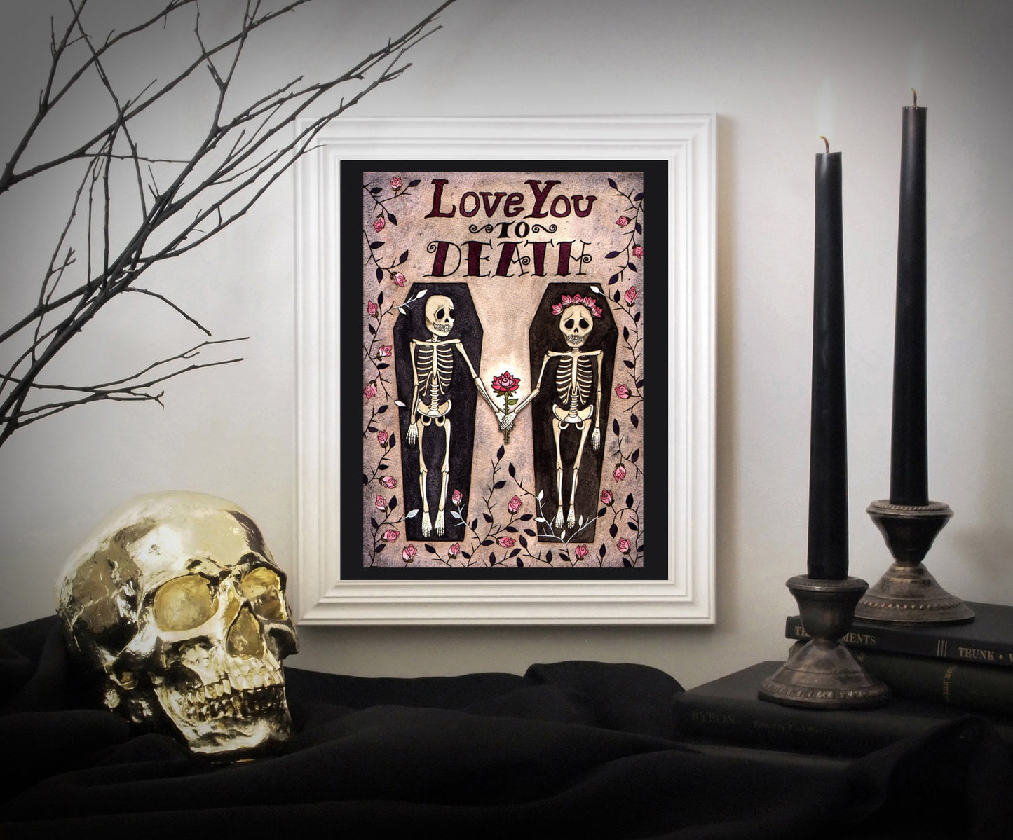 Love You To Death Illustration Print - Watercolour Day Of The Dead Rose Valentine Skeletons A5 - A4 - A3 - Gothic Alternative Wedding Decor