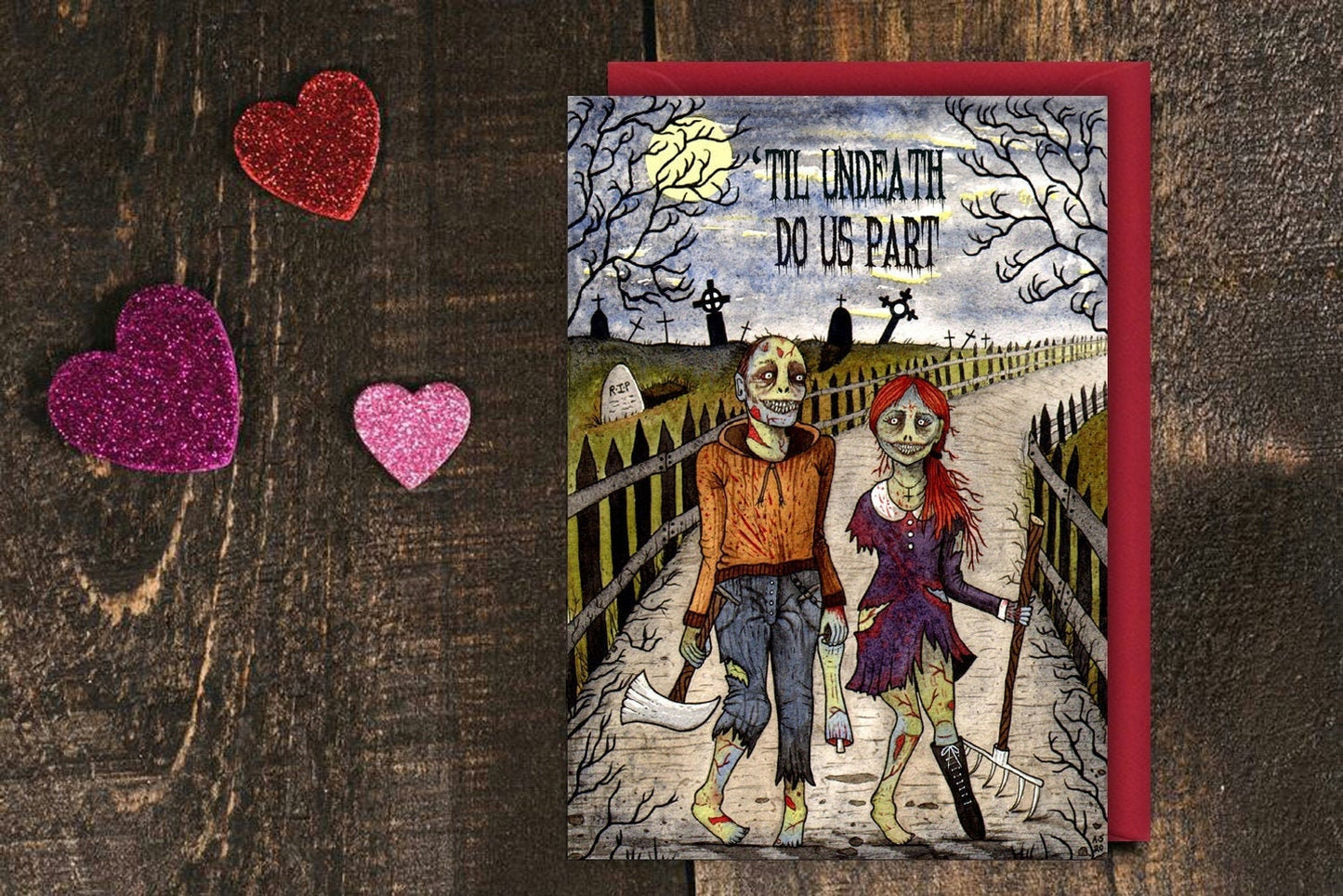 Zombie Couple Valentines Card & Envelope - 'Til Undeath Do Us Part For Him For Her Valentines day Card - Gothic Wedding Love Anniversary