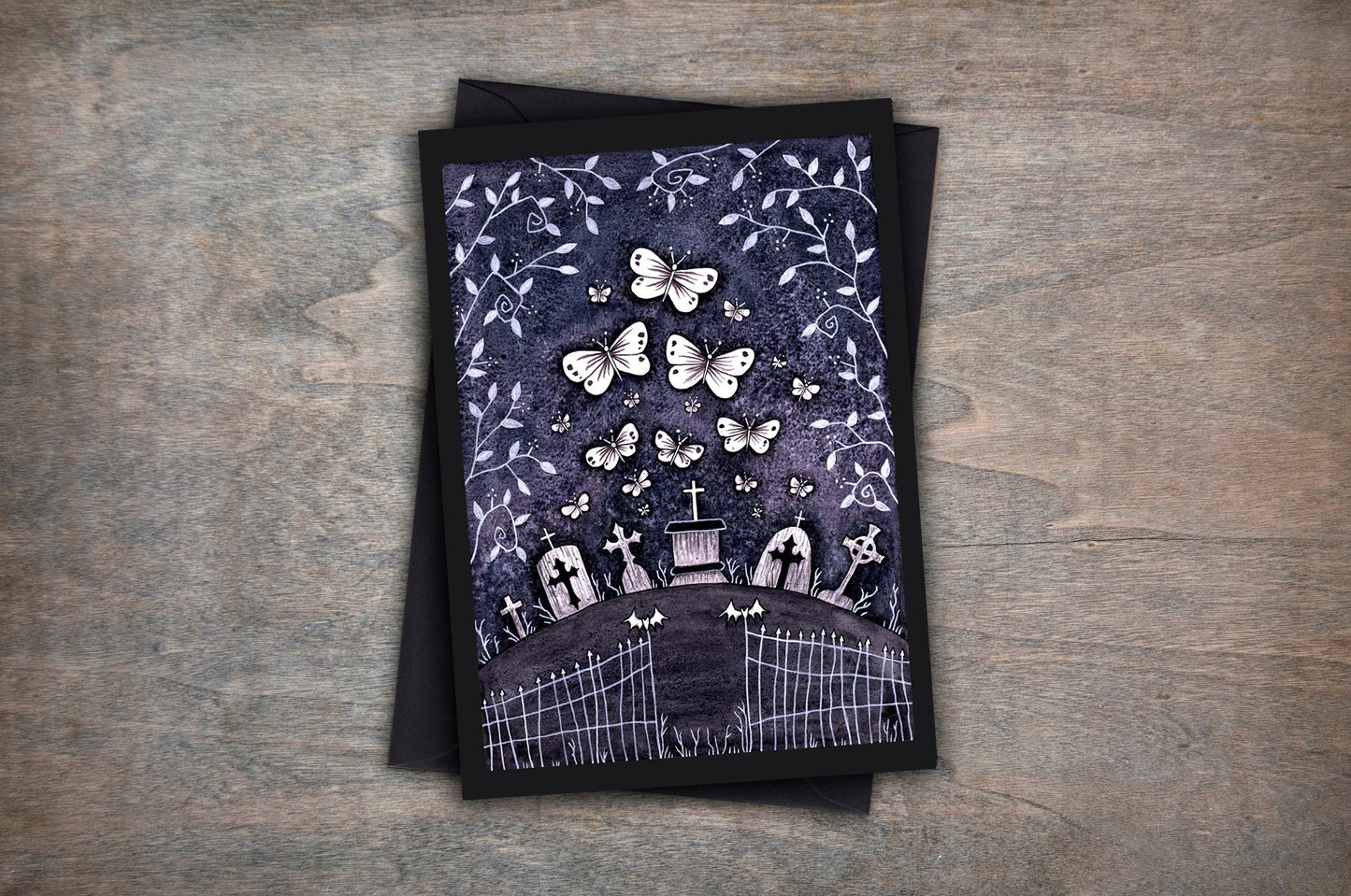 Twilight Butterflies Greetings Card & Envelope - Spooky Purple Graveyard Card - Gothic Cute Lolita Card - Midnight White Blue Butterfly Gift