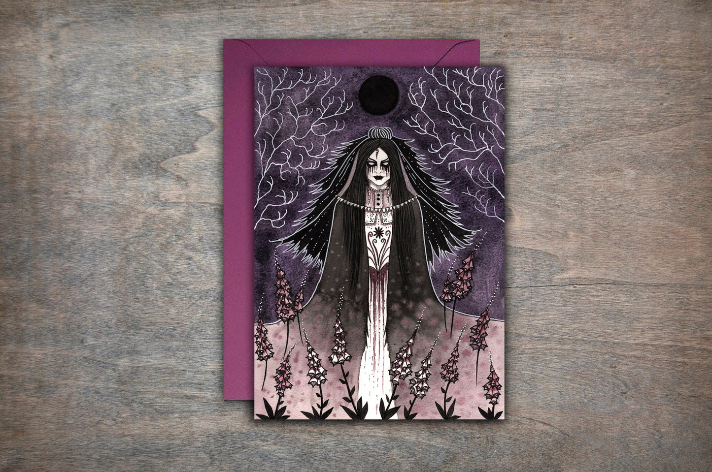 The Foxglove Bride Greetings Card & Envelope - Spooky Ghostly Apparitions Card - Gothic Witch Foxglove Card - Purple Poisonous Flowers Card