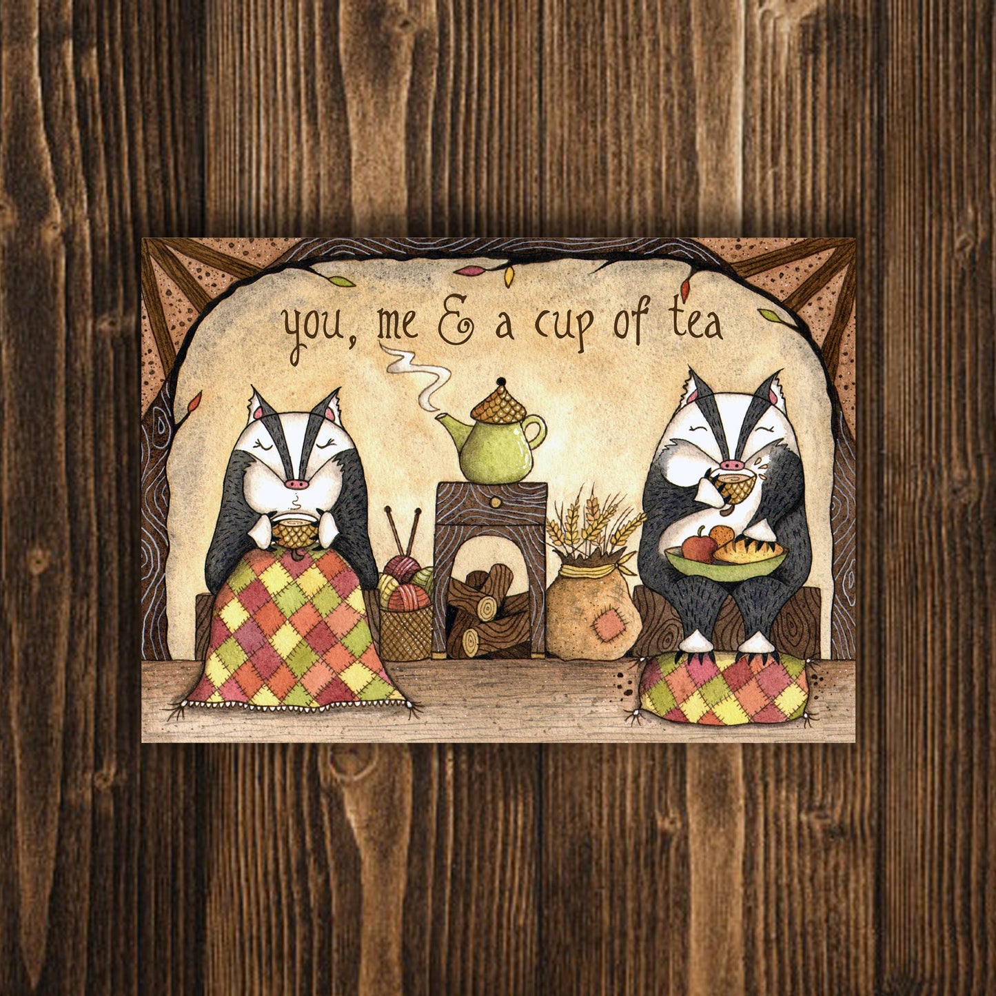 Mini A6 Badgers Drinking Tea Print - Small Cosy Badger Couple Illustration - Mini Badger Postcard Print - Cute Badger Home Sweet Home Art