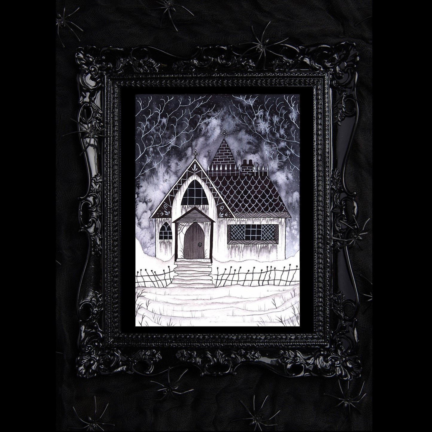 Winter At Foxglove manor Print - A5 - A4 - A3 Winter Ice House Watercolour Art - Victorian Gothic Snowflake Cabin Decor - Christmas Art