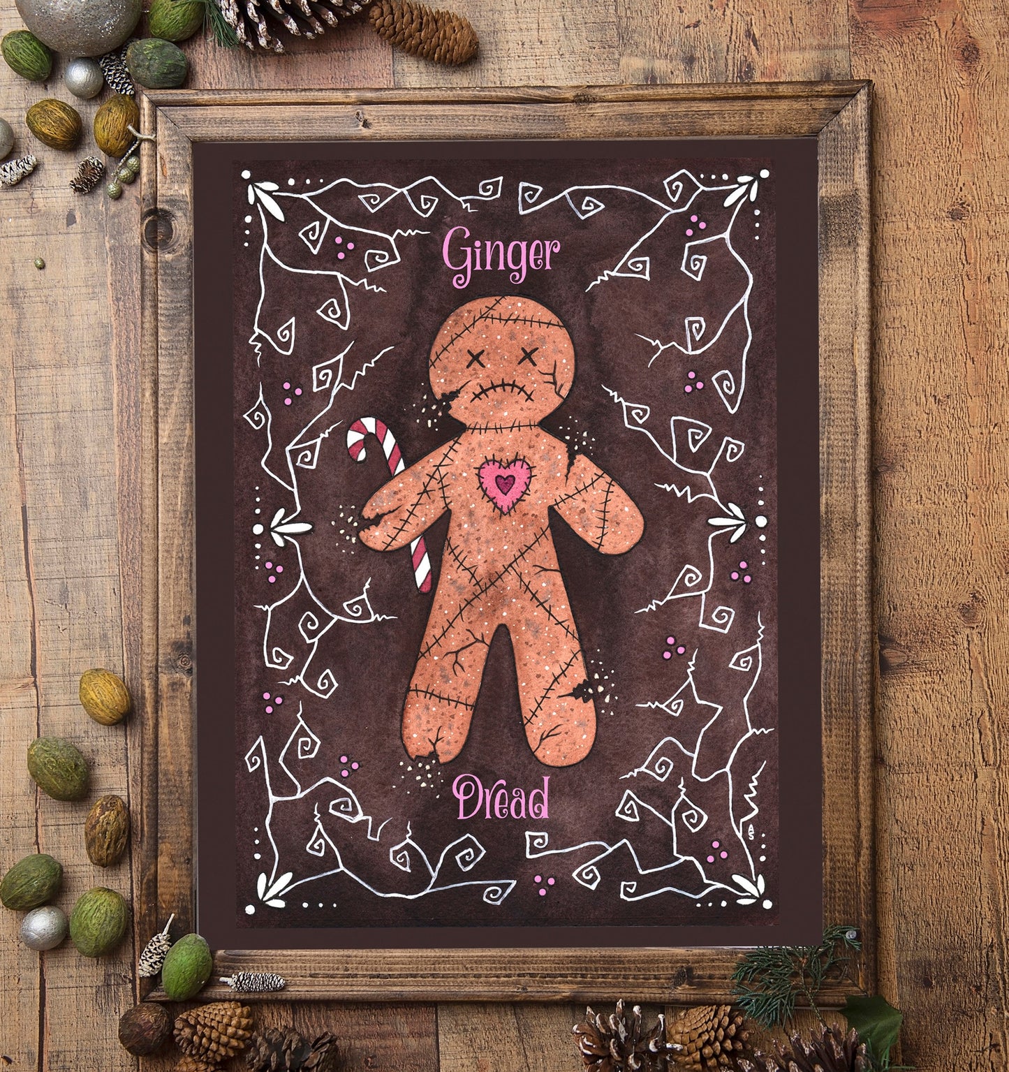 Ginger Dread Print - A5 - A4 - A3 Gothic Dead Gingerbread Figure Watercolour - Brown Pink Whimsical Bakery Art - Valentine Love Heart Print