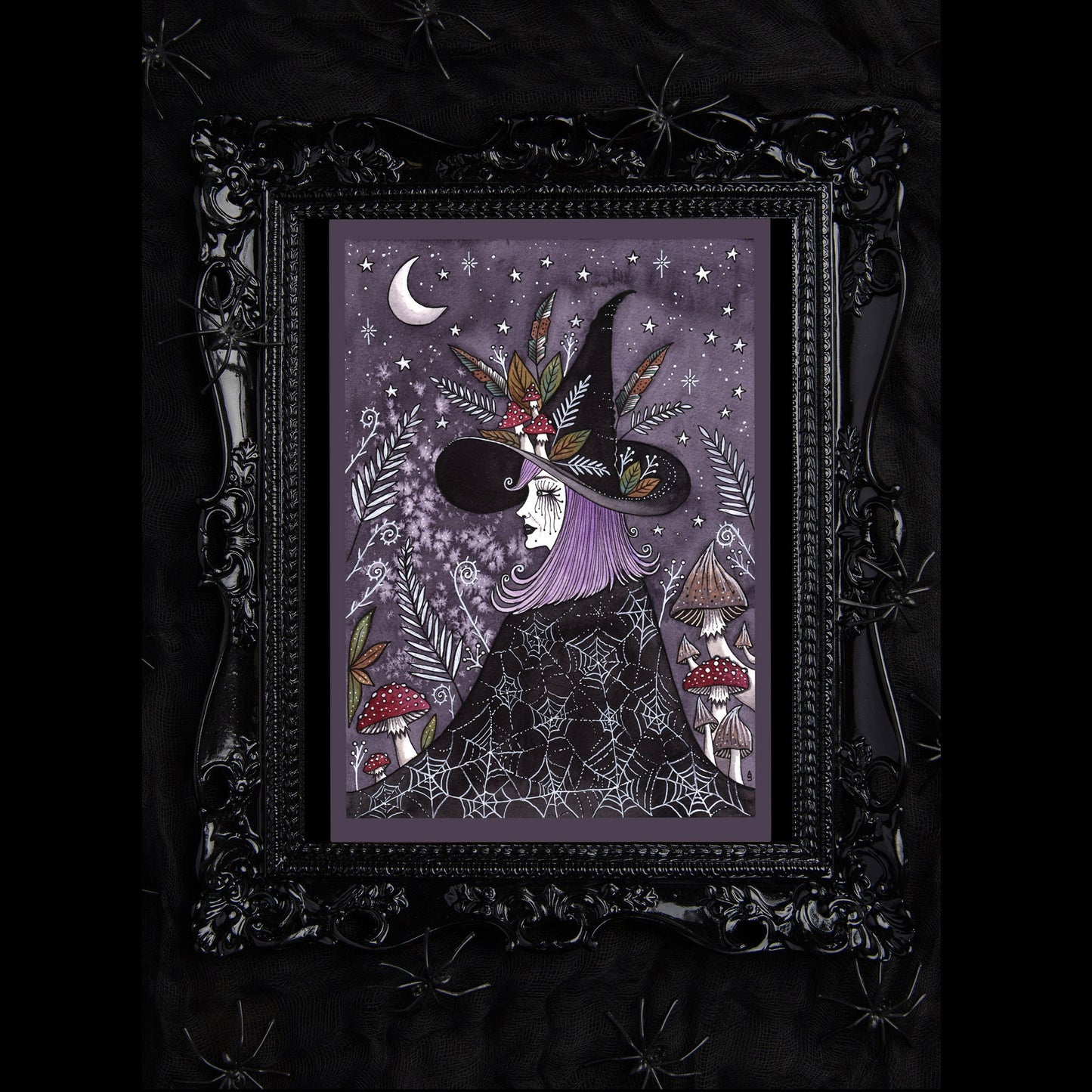 Luna The Midnight Witch Print - Watercolour Purple Gothic Forest Hedgewitch A5 - A4 - A3 Illustration Print - Toadstool Mushroom Witchcraft