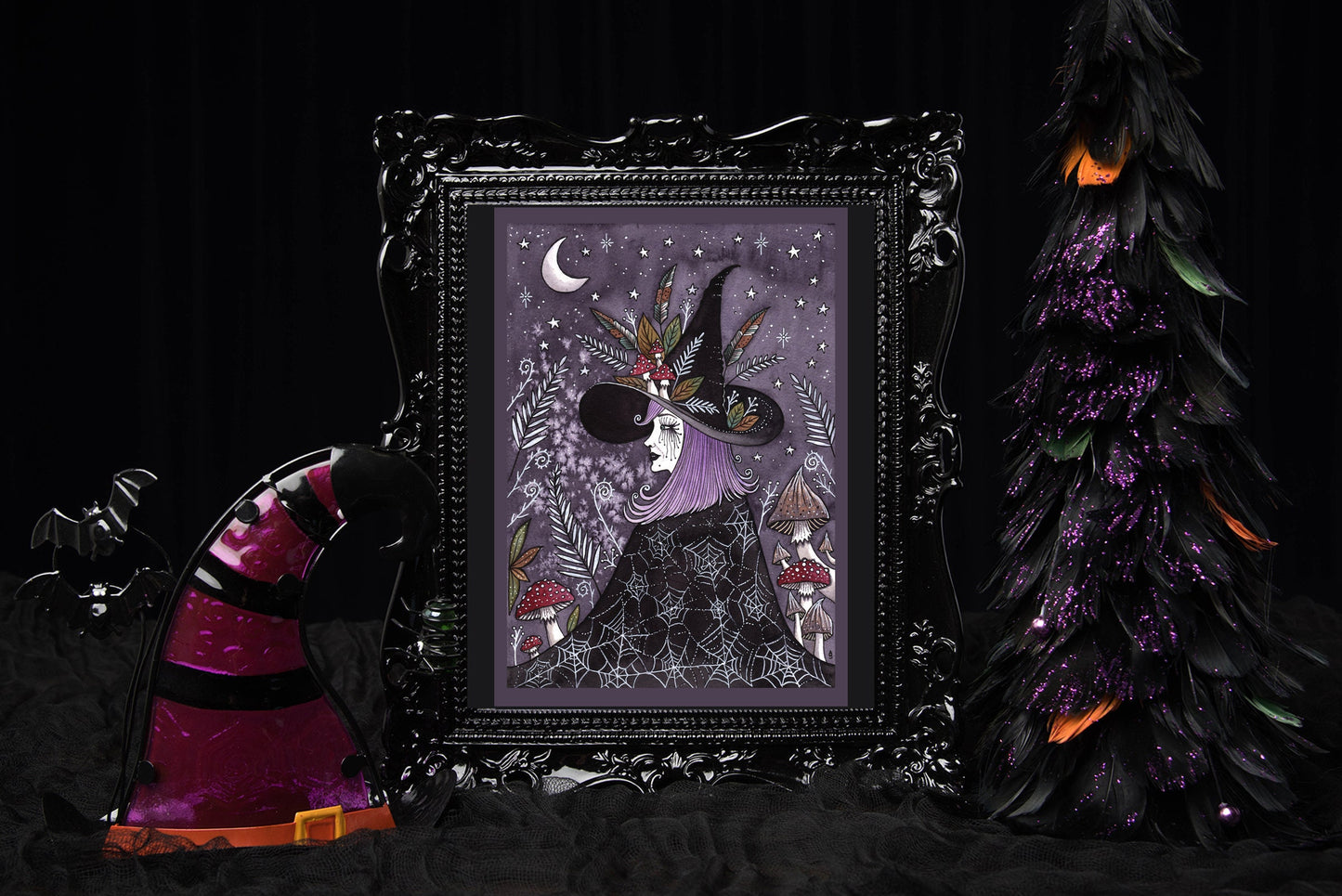 Luna The Midnight Witch Print - Watercolour Purple Gothic Forest Hedgewitch A5 - A4 - A3 Illustration Print - Toadstool Mushroom Witchcraft