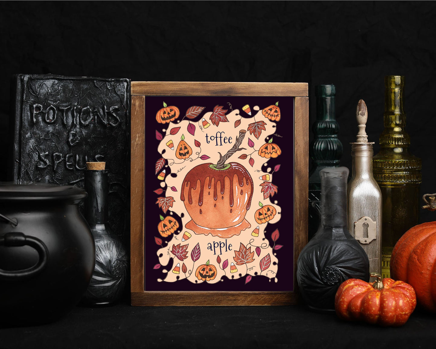Toffee Apple Print - A5 - A4 - A3 Halloween Candy Apple Illustration Print - Candy Corn Jack-O-Lantern Spooky Cute Bonfire Night Decoration