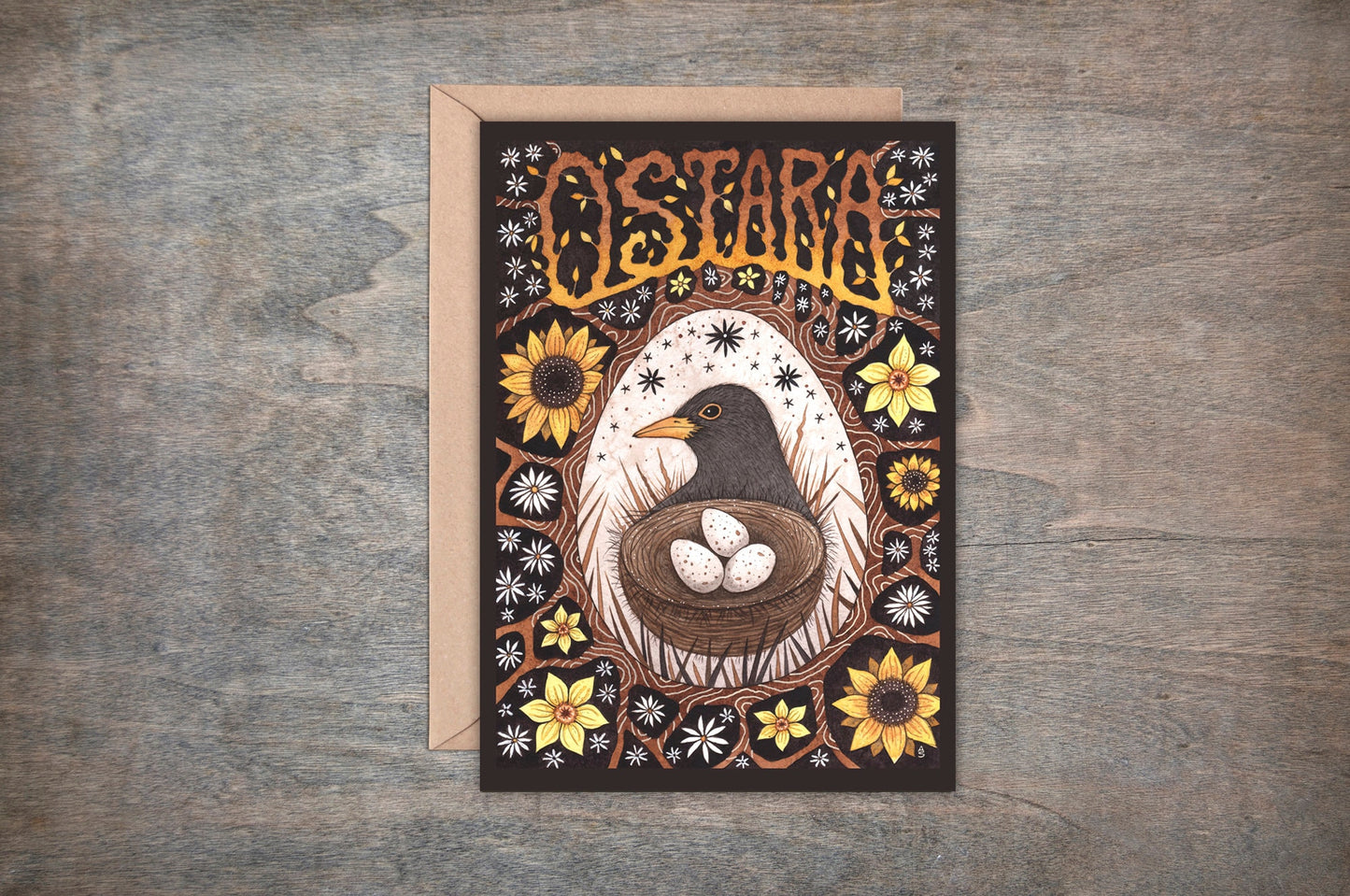 Ostara Greetings Card & Envelope - Pagan Spring Blackbird Nest Card - Brown Yellow Floral Easter Egg Card - Spring Equinox Pagan Altar Gift
