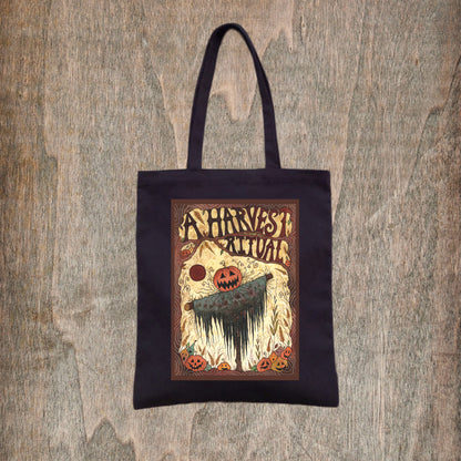 A Harvest Ritual Bag - Halloween Scarecrow Black Cotton Tote - Samhain All Hallows Eve Bag - Spooky Orange Pumpkin Patch Trick Or Treat Bag