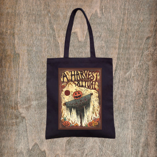 A Harvest Ritual Bag - Halloween Scarecrow Black Cotton Tote - Samhain All Hallows Eve Bag - Spooky Orange Pumpkin Patch Trick Or Treat Bag
