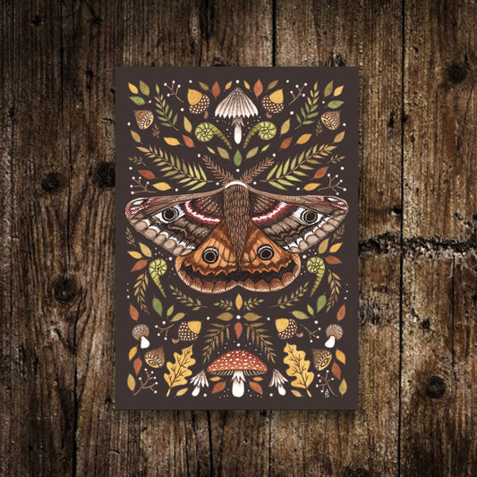 Mini Emperor Moth Print - Small A6 Whimsical Brown Forest Moth Illustration - Green Leaves, Mushrooms, botanical and Insect Print