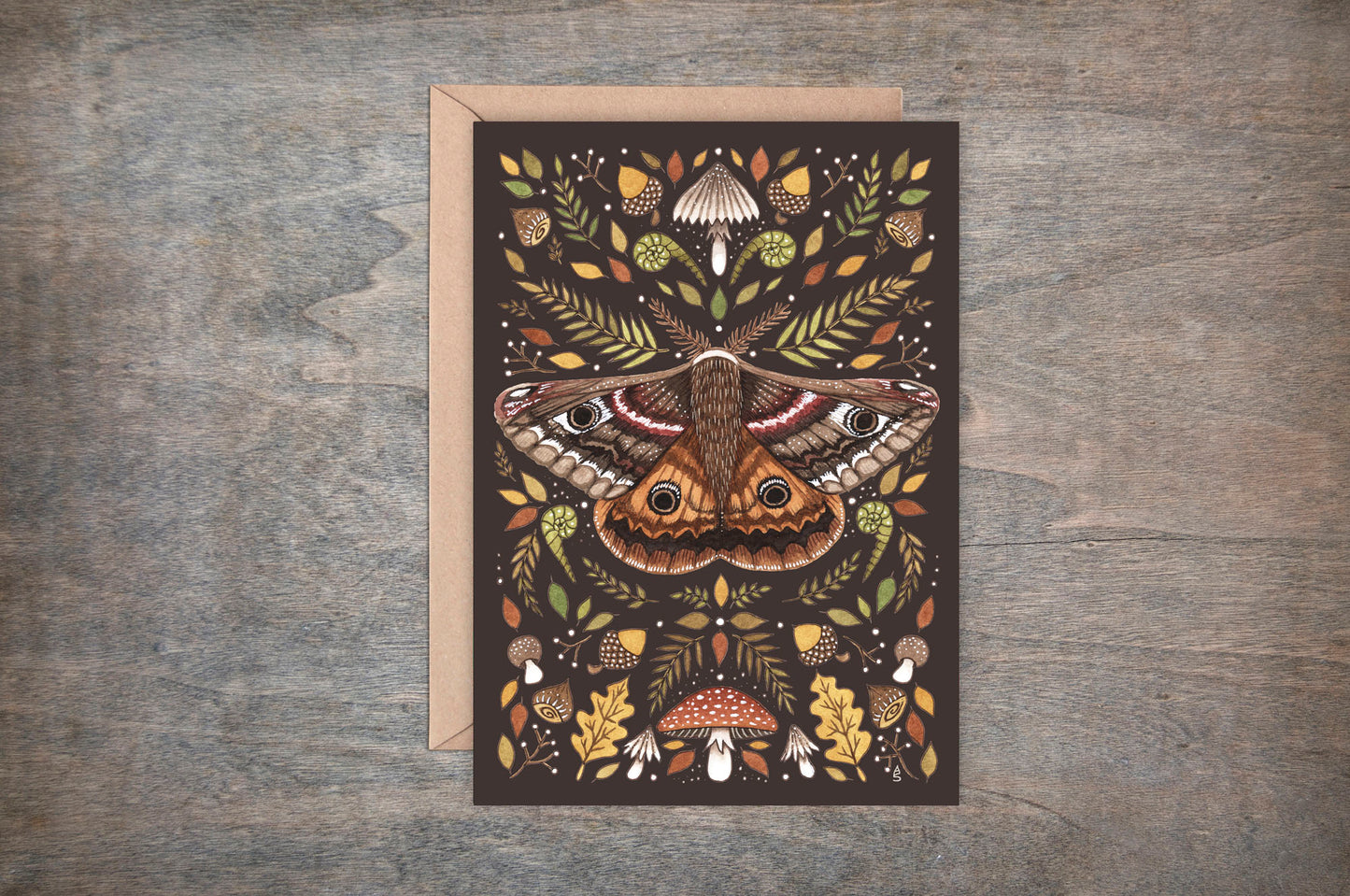 Emperor Moth Greetings Card & Envelope - Whimsical Brown Forest Moth Card - Green Leaves, Mushrooms, botanical and Insect Gift