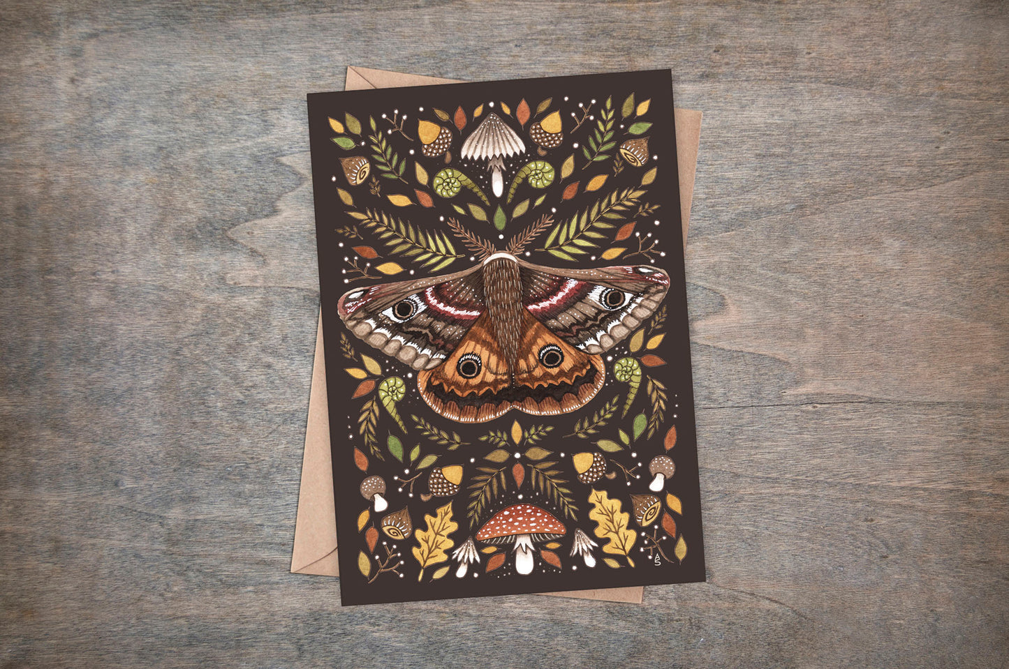 Emperor Moth Greetings Card & Envelope - Whimsical Brown Forest Moth Card - Green Leaves, Mushrooms, botanical and Insect Gift