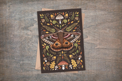 Emperor Moth Greetings Card & Envelope - Whimsical Brown Forest Moth Card - Green Leaves, Mushrooms, botanical and Insect Gift