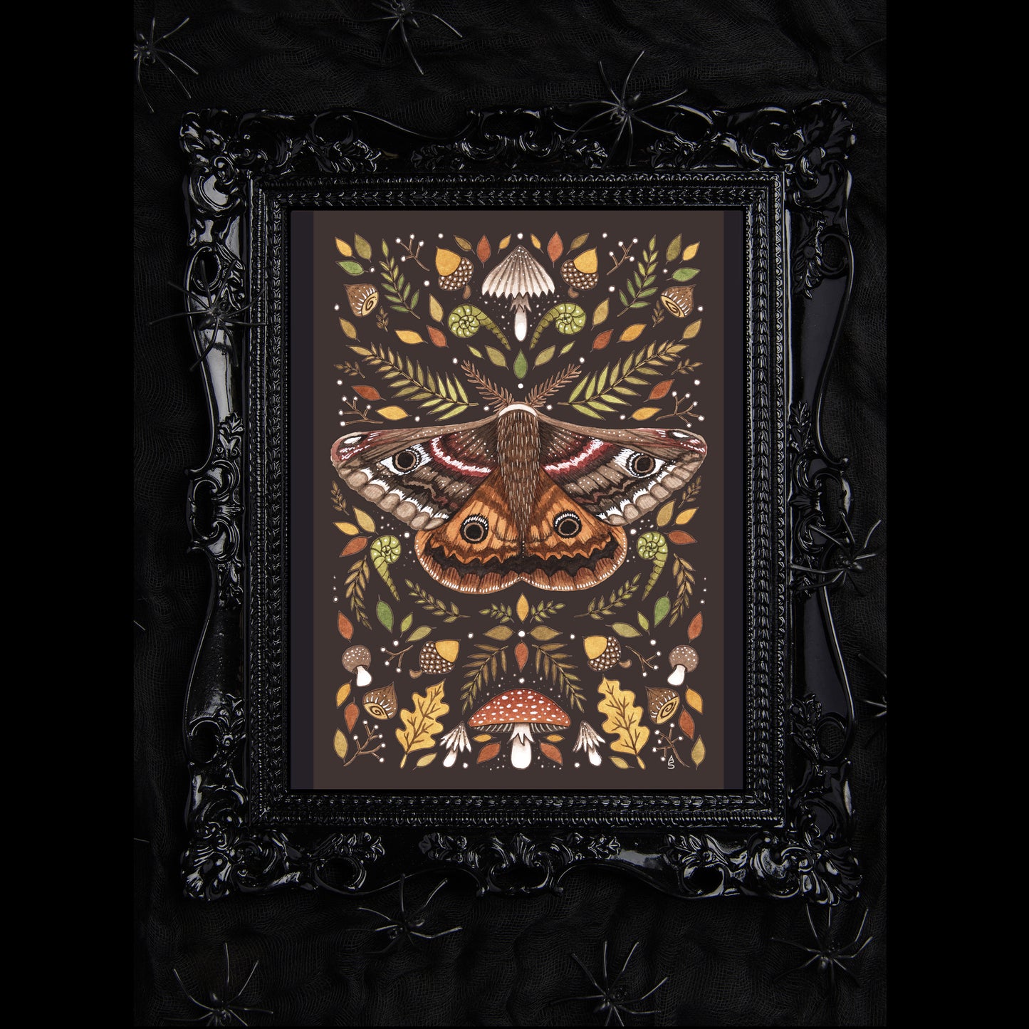 Emperor Moth Print - Whimsical Brown Forest Moth A5 - A4 - A3 Handpainted Watercolour Art - Green Leaves, Mushrooms, botanical and Insect Wall Art Decor