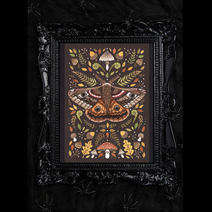 Emperor Moth Print - Whimsical Brown Forest Moth A5 - A4 - A3 Handpainted Watercolour Art - Green Leaves, Mushrooms, botanical and Insect Wall Art Decor