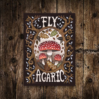 Mini Fly Agaric Print - Small Botanical Cottagecore Fairytale Illustration - Seasonal Christmas Red Mushroom Amanita Muscaria Postcard Art