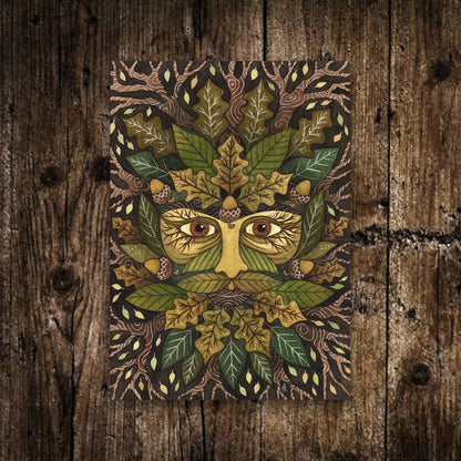 Mini Green Man Print - Small A6 Whimsical Pagan Forest Folklore Illustration - Green Leaves, Acorns, Oak Wood Green Brown Print