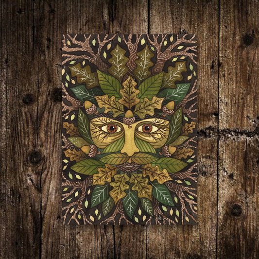 Mini Green Man Print - Small A6 Whimsical Pagan Forest Folklore Illustration - Green Leaves, Acorns, Oak Wood Green Brown Print