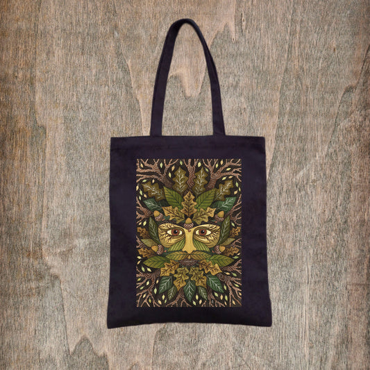 Green Man Black Tote Bag -  Whimsical Pagan Forest Folklore Fair Trade Cotton Bag - Green Leaves, Acorns, Oak Wood Green Brown Shopping Tote