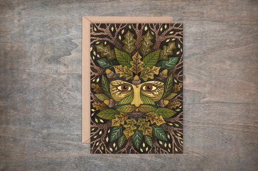 Green Man Greetings Card & Envelope - Whimsical Pagan Forest Folklore Card - Green Leaves, Acorns, Oak Wood Green Brown Gift