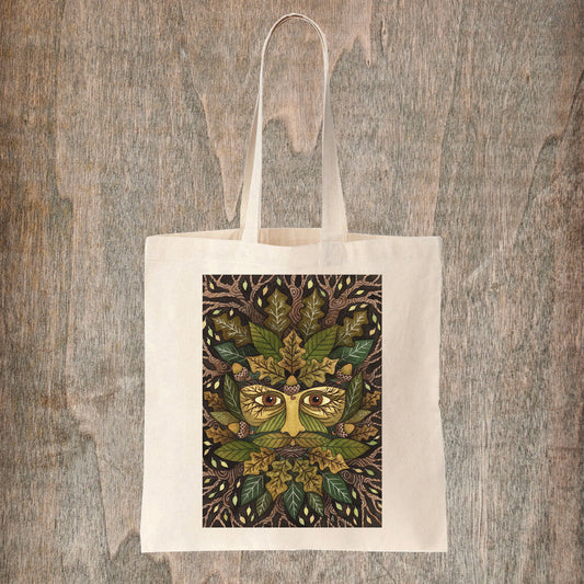 Green Man Natural Tote Bag -  Whimsical Pagan Forest Folklore Fair Trade Cotton Bag - Green Leaves, Acorns, Oak Wood Green Brown Shopping Tote