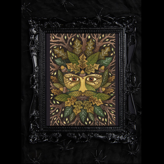Green Man Print - Forest Folklore A5 - A4 - A3 Handpainted Watercolour Pagan Art - Green Leaves, Acorns, Oak Wood Green Brown Wall Art Decor