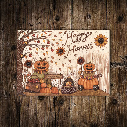 Mini Happy Harvest Print - Small A6 Pumpkin Family Illustration - Mini pumpkin Patch People Postcard Print - Whimsical Halloween Art