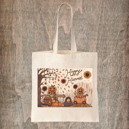 Happy Harvest Natural Tote Bag - Pumpkin Patch People Fair Trade Cotton Bag - Whimsical Halloween Bag - Autumn Pumpkins Shopping Tote