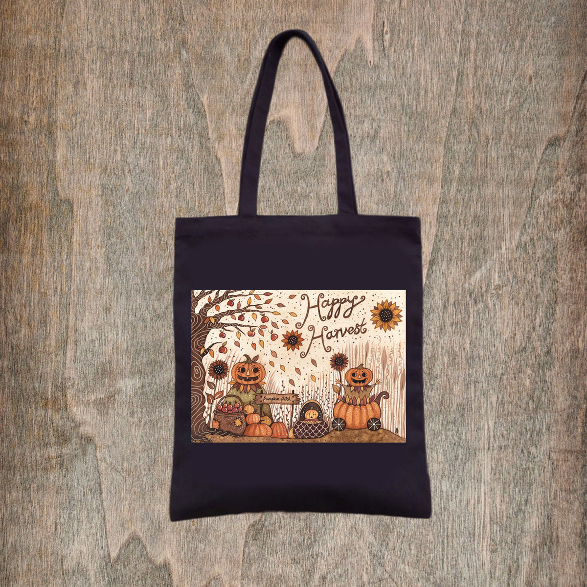 Happy Harvest Black Tote Bag - Pumpkin Patch People Fair Trade Cotton Bag - Whimsical Halloween Bag - Autumn Pumpkins Shopping Tote