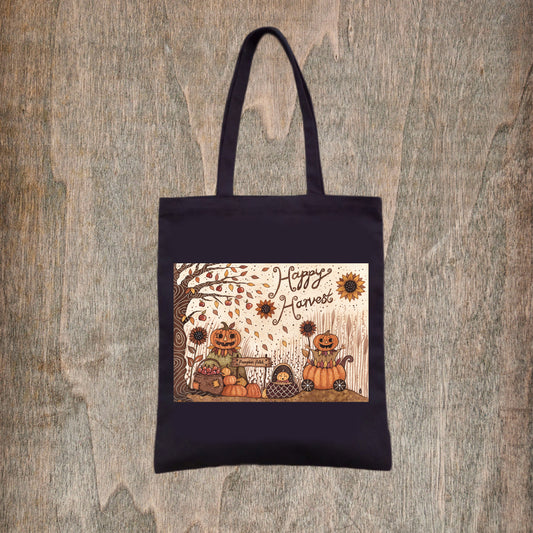 Happy Harvest Black Tote Bag - Pumpkin Patch People Fair Trade Cotton Bag - Whimsical Halloween Bag - Autumn Pumpkins Shopping Tote