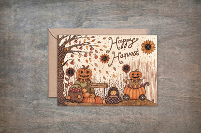 Happy Harvest Greetings Card & Envelope - Cosy Pumpkin Patch Family Illustrated Card - Whimsical Autumn Halloween Card