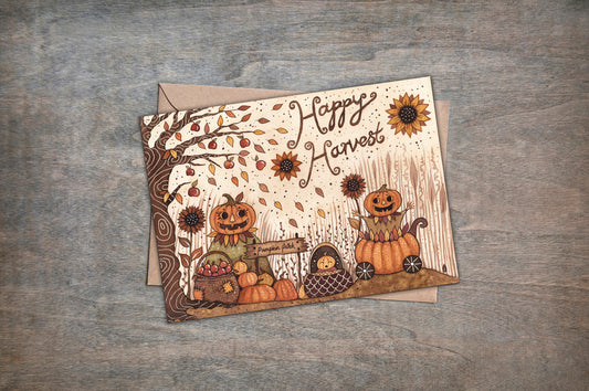 Happy Harvest Greetings Card & Envelope - Cosy Pumpkin Patch Family Illustrated Card - Whimsical Autumn Halloween Card