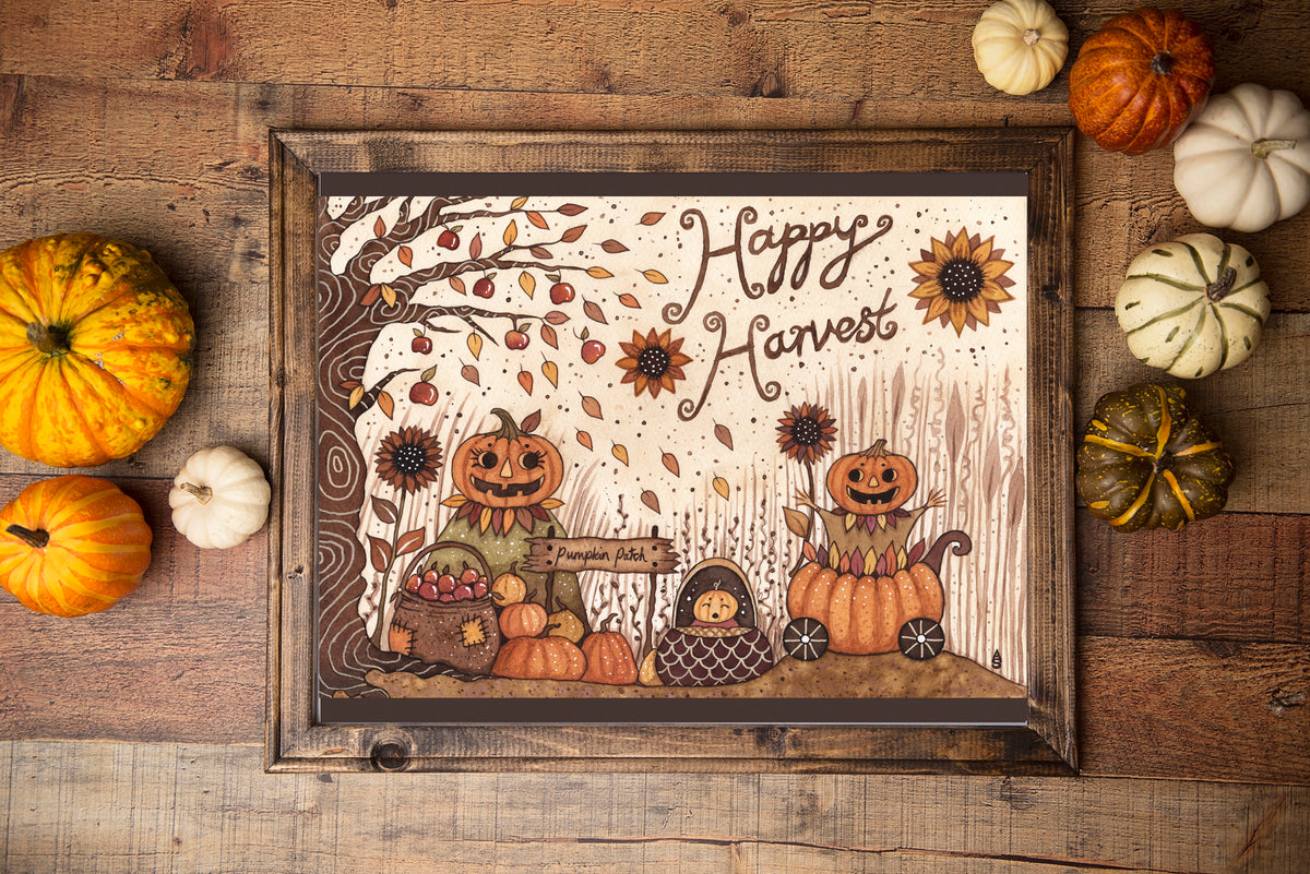 Happy Harvest Print - Pumpkin Patch Family A5 - A4 - A3 Watercolour Wall Art - Pumpkin Patch People Print - Whimsical Halloween Decor