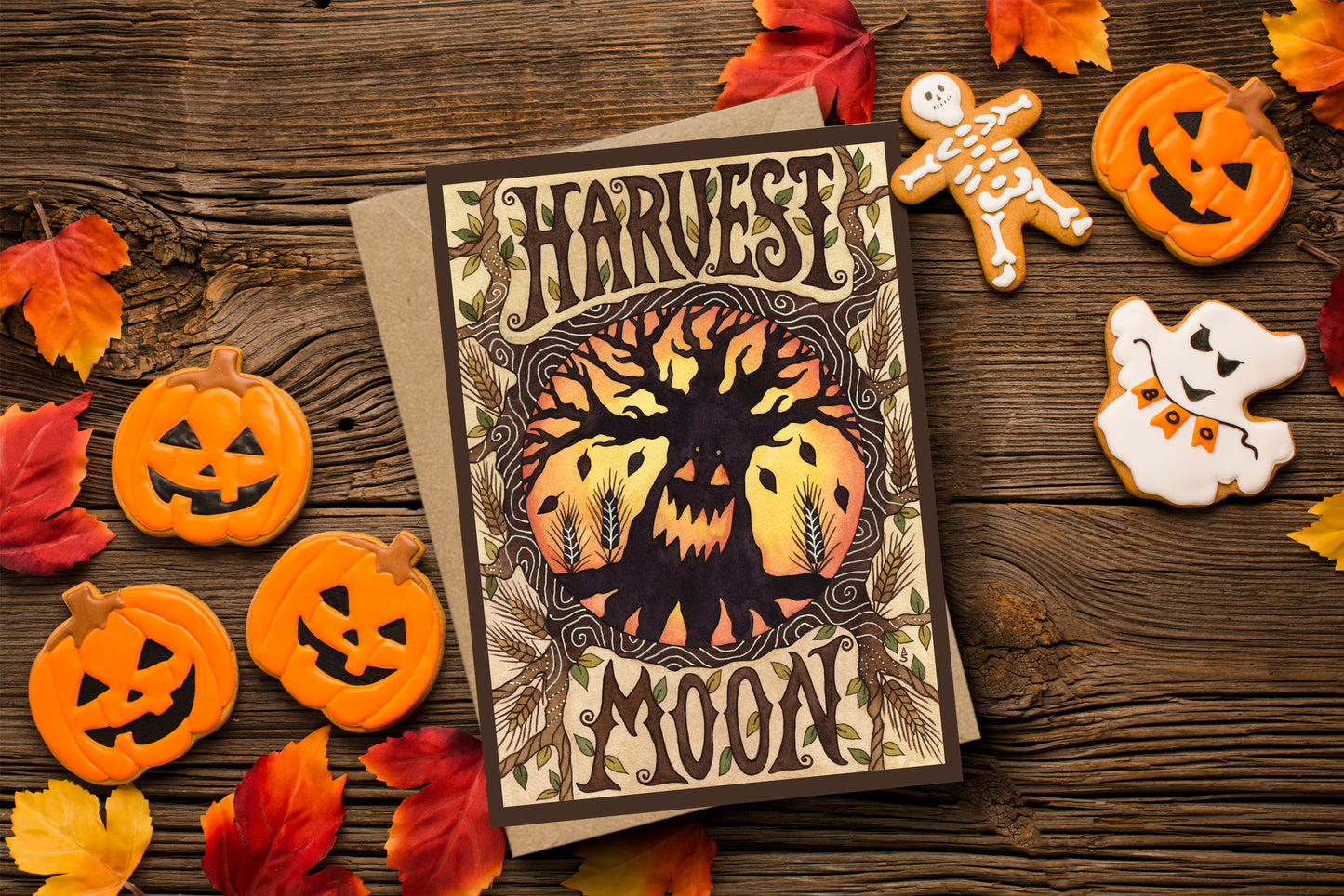 Harvest Moon Greetings Card & Envelope - Spooky Pumpkin Tree Card - Halloween Samhain All Hallows' Eve Greetings Card