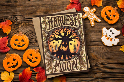 Harvest Moon Greetings Card & Envelope - Spooky Pumpkin Tree Card - Halloween Samhain All Hallows' Eve Greetings Card