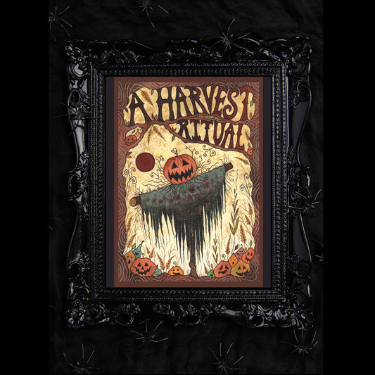 A Harvest Ritual Print - Halloween Scarecrow A5 - A4 - A3 Watercolour Wall Art - Spooky Orange Halloween Pumpkins Jack-O-Lantern Decoration
