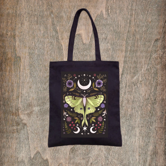 Luna Moth Tote Bag - Floral Botanical Moon Moth Fair Trade Cotton Bag - Gothic Cottagecore Bag - Green Witch Celestial Shopping Tote