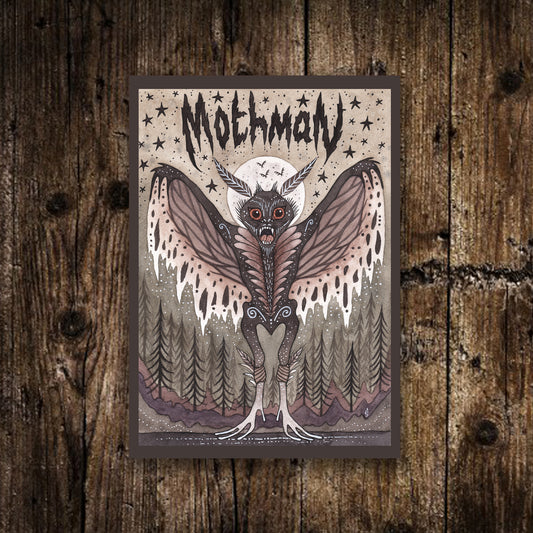 Mini A6 Mothman Print - Small Creepy Cryptids Illustration - Spooky Moth Man Postcard - Folk Horror Monster Lover Cryptozoology Decor