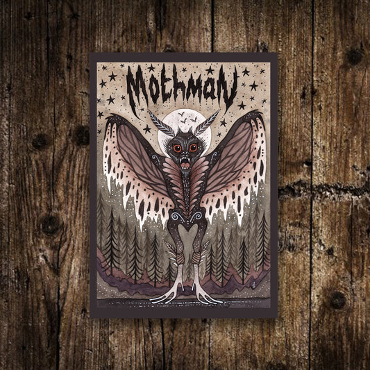 Mini A6 Mothman Print - Small Creepy Cryptids Illustration - Spooky Moth Man Postcard - Folk Horror Monster Lover Cryptozoology Decor