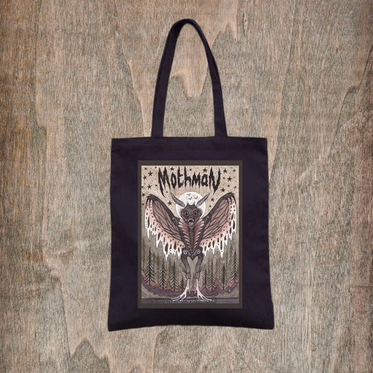 Mothman Black Tote Bag - Creepy Cryptids Fair Trade Cotton Bag - Spooky Moth Man Bag - Folk Horror Monster Lover Cryptozoology Shopping Tote