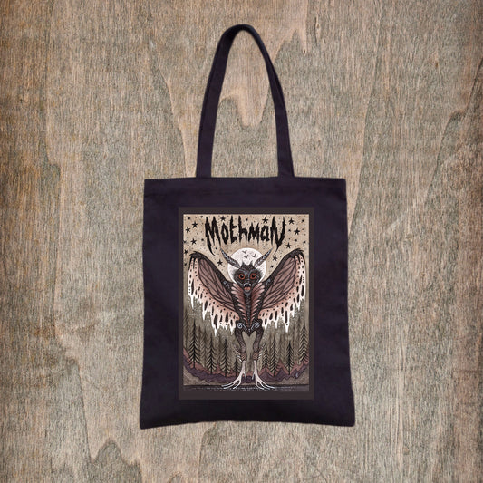 Mothman Black Tote Bag - Creepy Cryptids Fair Trade Cotton Bag - Spooky Moth Man Bag - Folk Horror Monster Lover Cryptozoology Shopping Tote